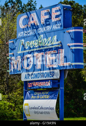 Big blue neon road Sign for the famous Loveless Motel and Cafe near Nashville, TN, famous for their Hot Biscuits and Country Ham Stock Photo