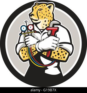 Illustration of a cheetah heating specialist refrigeration and air conditioning mechanic holding a pressure temperature gauge looking to the side viewed from front set inside circle on isolated background done in cartoon style. Stock Vector
