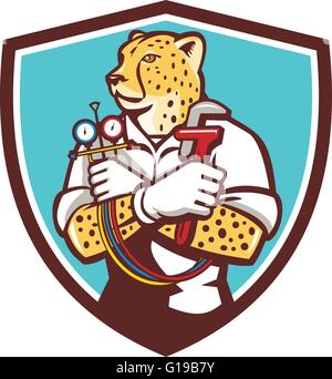 Illustration of a cheetah heating specialist refrigeration and air conditioning mechanic holding a pressure temperature gauge looking to the side viewed from front set inside shield crest on isolated background done in cartoon style. Stock Vector