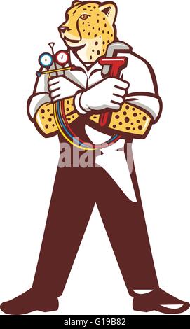 Illustration of a cheetah heating specialist refrigeration and air conditioning mechanic standing holding a pressure temperature gauge looking to the side viewed from front set on isolated white background done in cartoon style. Stock Vector