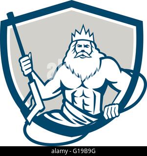 Illustration of a Neptune, roman god of sea holding pressure power washer water blaster viewed from front set inside shield cres Stock Vector