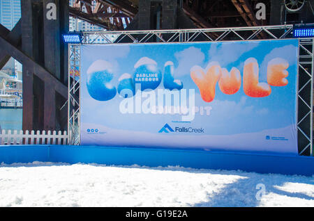 Sydney, Australia - 27th June 2015: The Cool Yule Winter Festival opened in Darling Harbour Sydney on the 27th of June, and runs until the 12th of July, featuring The Cool Iceberg, Kids Slide, Frozen Forest, Snow Pit, and the Ice Rink. Cool Yule Snow Pit pictured during the Sydney Cool Yule Winter Festival Stock Photo