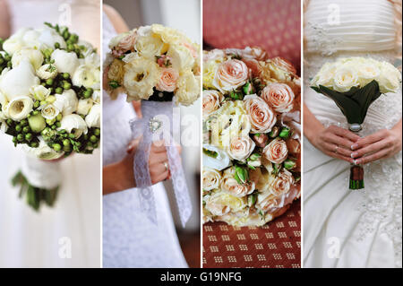 Collage of nine wedding photos with bouquets Stock Photo