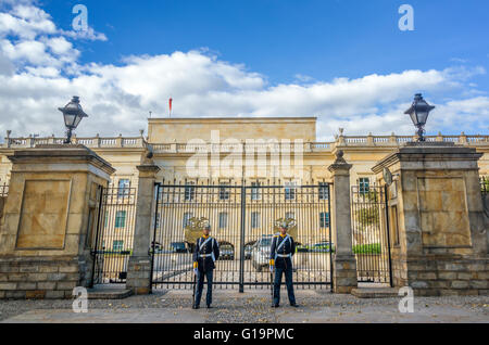 BOGOTA, COLOMBIA - APRIL 21: Guards stand in front of the presidential palace, known as the Casa de Narino, in Bogota, Colombia Stock Photo