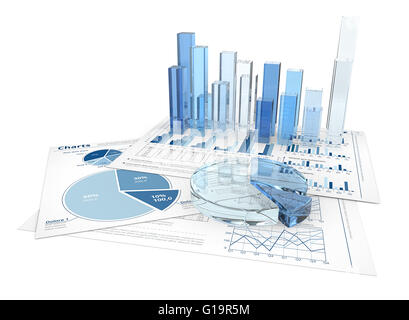 Financial documents with 3D graphs and pie charts of glass. Stock Photo