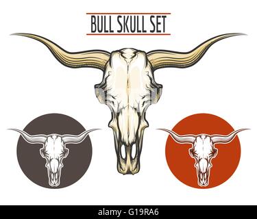 Set of Bull skulls drawn in tattoo style and two logos. Isolated on white. Stock Vector