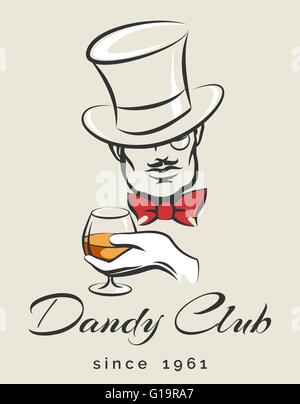 Dandy or Mens Club emblem with gentleman holds glass of scotch. illustration in retro style. Free font used. Stock Vector