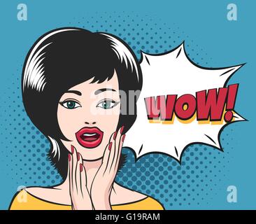 Surprised young girl face with open mouth and  WOW bubble. Illustration in Pop art style Stock Vector