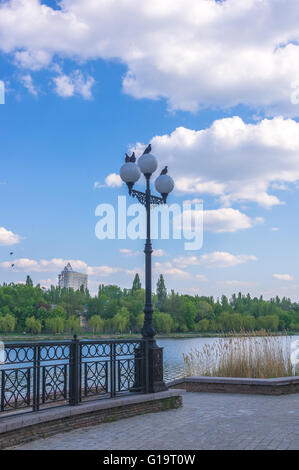 embankment, sitting on a lamp post pigeons on the background of blue sky with clouds Stock Photo