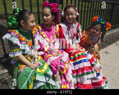 Young, folkloric dancers at Cinco de Mayo and Mother's Day Parade in the Sunset Park neighborhood of Brooklyn, NY, May 8, 2016 Stock Photo
