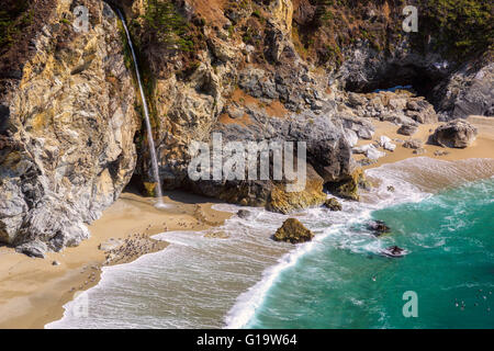 California Beach and Falls, Big Sur Stock Photo