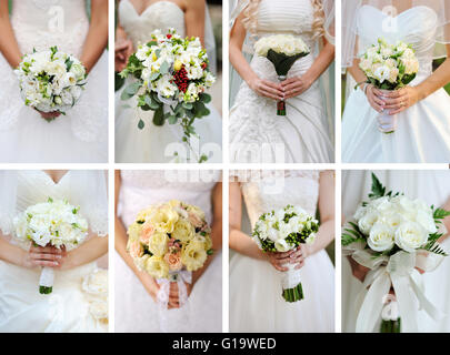 collage wedding bouquets in their hands Stock Photo