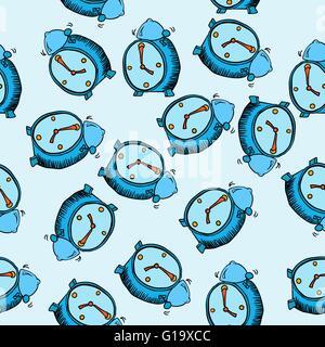 alarm clock seamless  pattern on blue Stock Vector