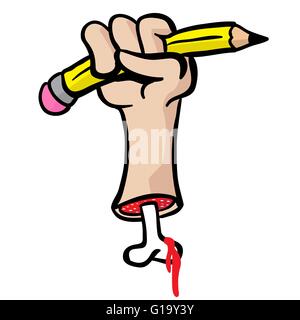 cut hand with bone holding a pencil cartoon doodle Stock Vector