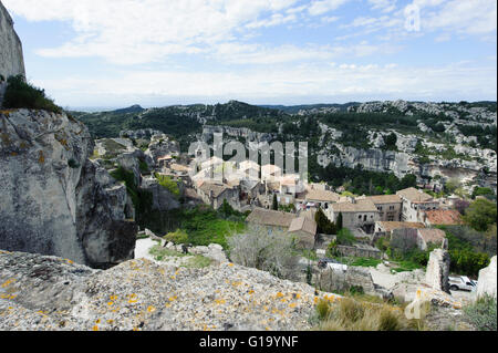 View on  the village from the castle of Les Baux de Provence in southern France Stock Photo