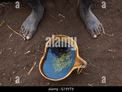 Bodi tribe man drinking coffee in a calabash, Omo valley, Hana mursi, Ethiopia Stock Photo