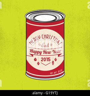 Christmas tin with vintage hipster label with grunge texture and green bright background. Stock Vector