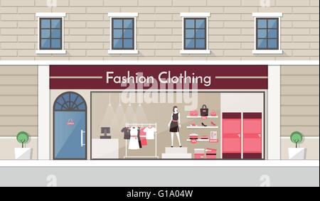 Fashion clothing store display and interior banner, clothes and accessories on a rack and on the shelves Stock Vector