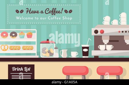 Coffee shop and snack bar banner, bar counter with snacks, espresso cup, take away coffee and coffee machine Stock Vector
