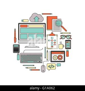 IT, web and software developing tools vector thin line objects in a circular shape on white background Stock Vector