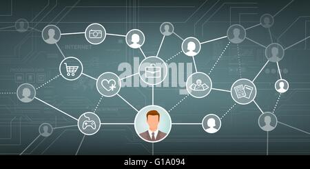 Social media network with male and female avatars and web icons set Stock Vector