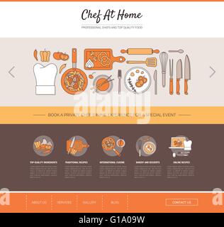 Chef at home web tempate and banner with icons set, cooking, recipes and restaurants concept Stock Vector
