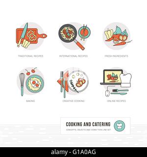 Cooking and food concepts, international and traditional recipes and ingredients, thin line objects and icons Stock Vector