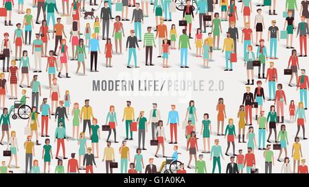 Crowd of people banner with men, women, children, different ethnic groups and disabilities, copy space at center, diversity and Stock Vector