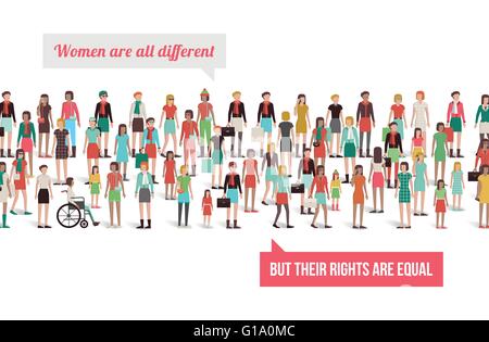 Women's rights banner, crowd of different women standing together, empowerment concept Stock Vector