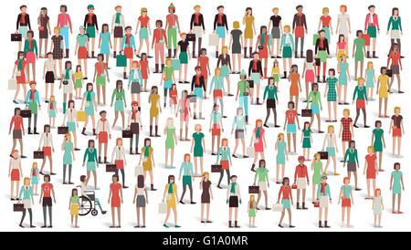Crowd of women standing together, different ethnic groups and clothing, women's day and empowerment concept Stock Vector