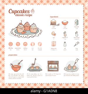 Cupcakes and muffins classic hand drawn recipe with ingtredients, preparation and icons set Stock Vector