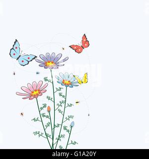 vector background with camomile flowers and butterflies Stock Vector