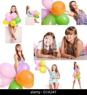 Happy children with balloons celebrating isolated on white Stock Photo
