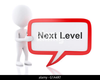 3d renderer image. White people with speech bubble that says Next Level. Business concept. Isolated white background. Stock Photo