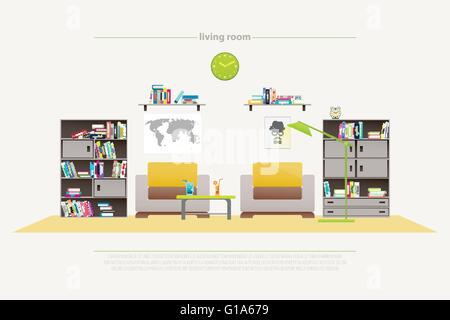 contemporary lounge room with furniture isolated on white background. vector, flat style relaxing interior. elegant living room Stock Vector