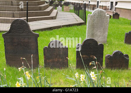 Gravestone at the Trinity Church in New York City, USA. The church stands at the intersection of Wall Street and Broadway. Stock Photo