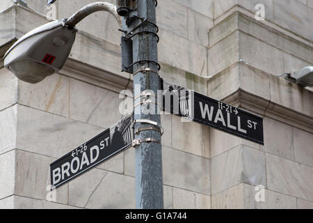 Street signs for Broad Street and Wall Street in New York City, USA. The streets lie in the nation's financial heart. Stock Photo