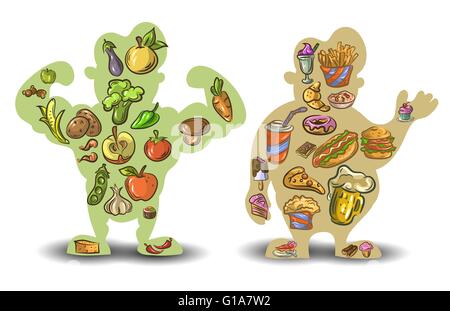 Human, thin, fat. Nutrition, diet, food on white background . Vector Stock Vector