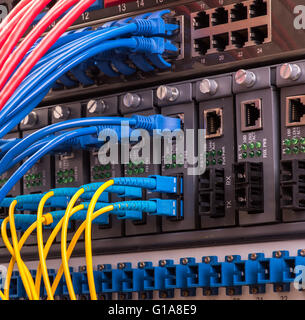 Fiber Optic cables connected to an optic ports and Network cables connected to ethernet ports Stock Photo