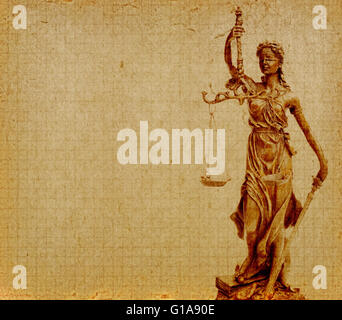 Statue of justice on old paper background, law concept Stock Photo