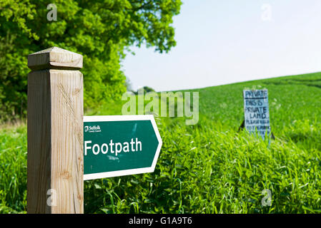 Footpath fingerpost pointing to sign in field saying this is private land, England UK