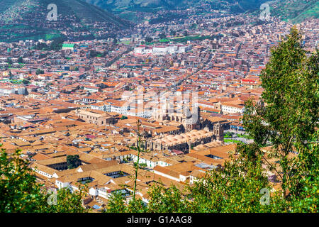 Aerial view of the city of Cusco with The Cusco Cathedral and the Plaza de Armas Cusco Peru Stock Photo
