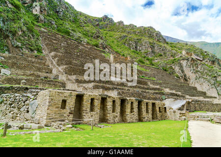 The amazing terraces of ruins Ollantaytambo at the Sacred Valley of the Incas near Cusco, Peru Stock Photo