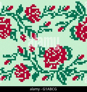 Ethnic Ukrainian floral Broidery in red and green hues, seamless vector illustration Stock Vector