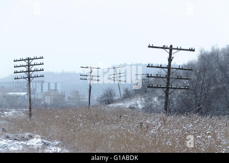 abandoned old wood pylon in the field in Romania near Iasi Stock Photo