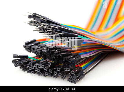 multicolored electrical wires closeup on a white background Stock Photo