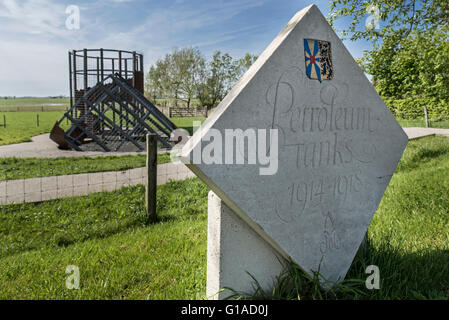 Albertina memorial in front of reconstruction of the Petrol Tanks close to WWI Trench of Death, Diksmuide, Flanders, Belgium Stock Photo