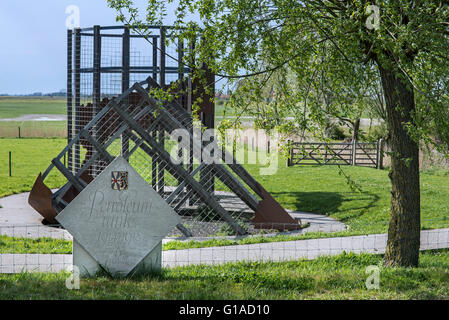 Albertina memorial in front of reconstruction of the Petrol Tanks close to WWI Trench of Death, Diksmuide, Flanders, Belgium Stock Photo