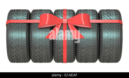 Gift set of tires wrapped ribbon and bow, 3D rendering isolated on white background Stock Photo