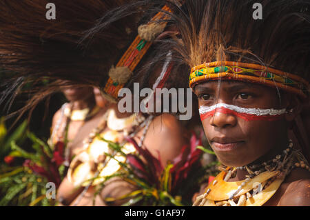 Highlands tribe in Piaya village, Papua New Guinea Stock Photo